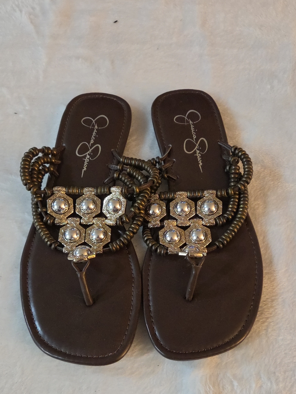 Jessica Simpson Brown Metallic Beaded Thong Sandals